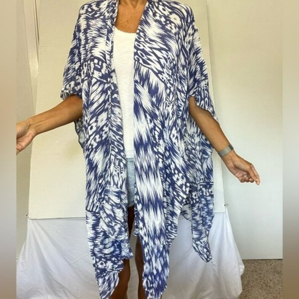 Michael Stars Ruana Top / Topper. Sleeveless Draping Viscose, Blue & White, OS